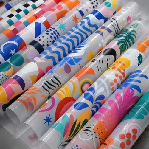 75u Single Side DTF Film rolls printed with vibrant abstract patterns, showcasing high color reproduction
