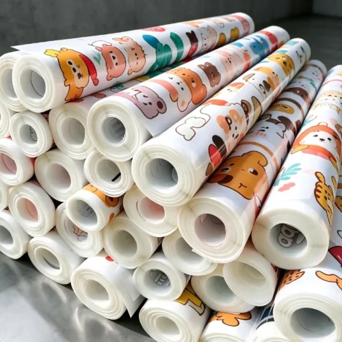Rolls of 75u Double Side DTF Film pre-printed with colorful cartoon patterns, ready for custom apparel transfer.