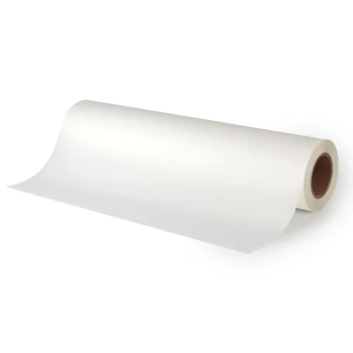 Single roll of smooth blank 100u Double Side DTF Film unrolled on a white background